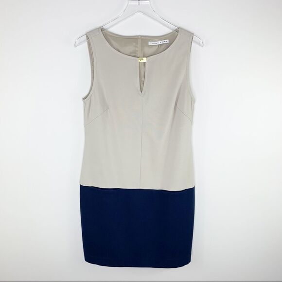 Trina Turk Leatrice Taupe Navy Color-block Sheath Dress w/Pockets Keyhole Neck - Picture 1 of 13